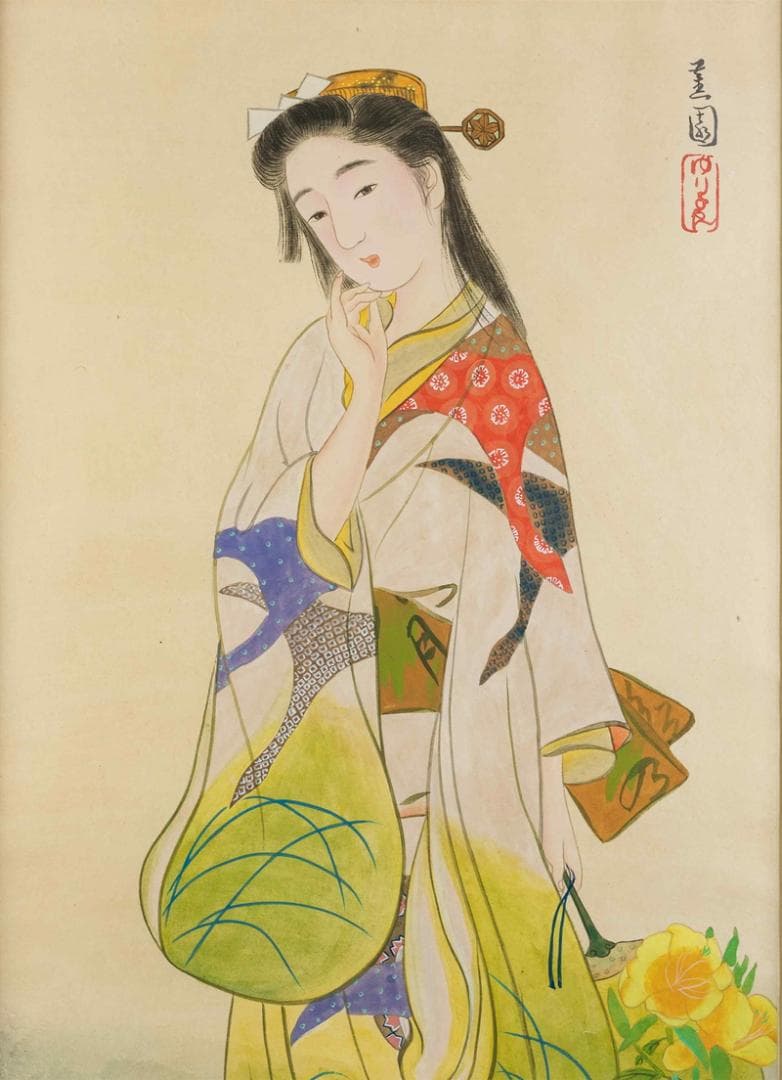 池田蕉園　日本画　肉筆『夕くれ』表サイン(印譜)　P8号　額装　b735