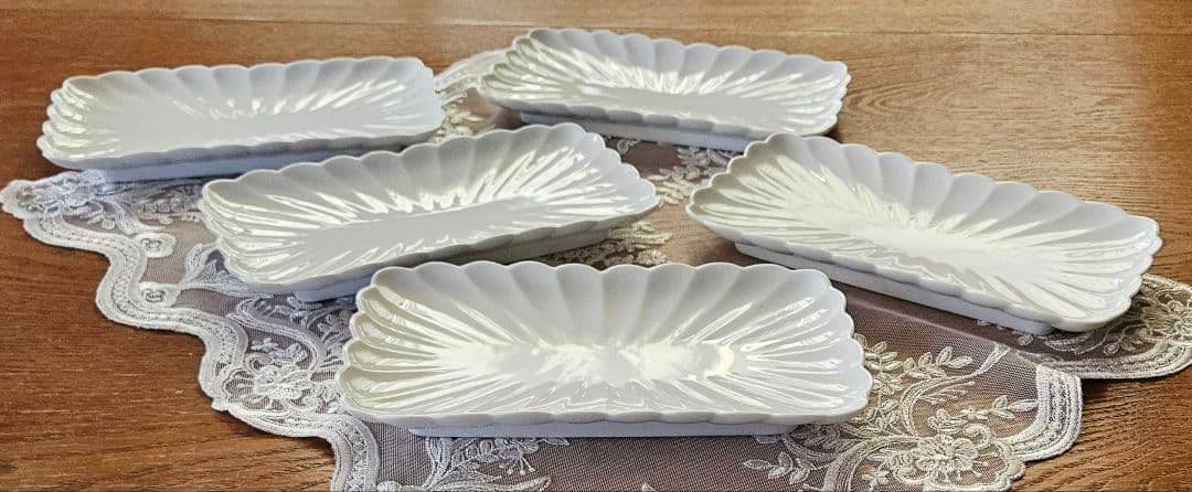 有田焼 賞美堂 観山窯 白磁 菊割 輪花 焼き物皿 長皿 5枚セット 新品