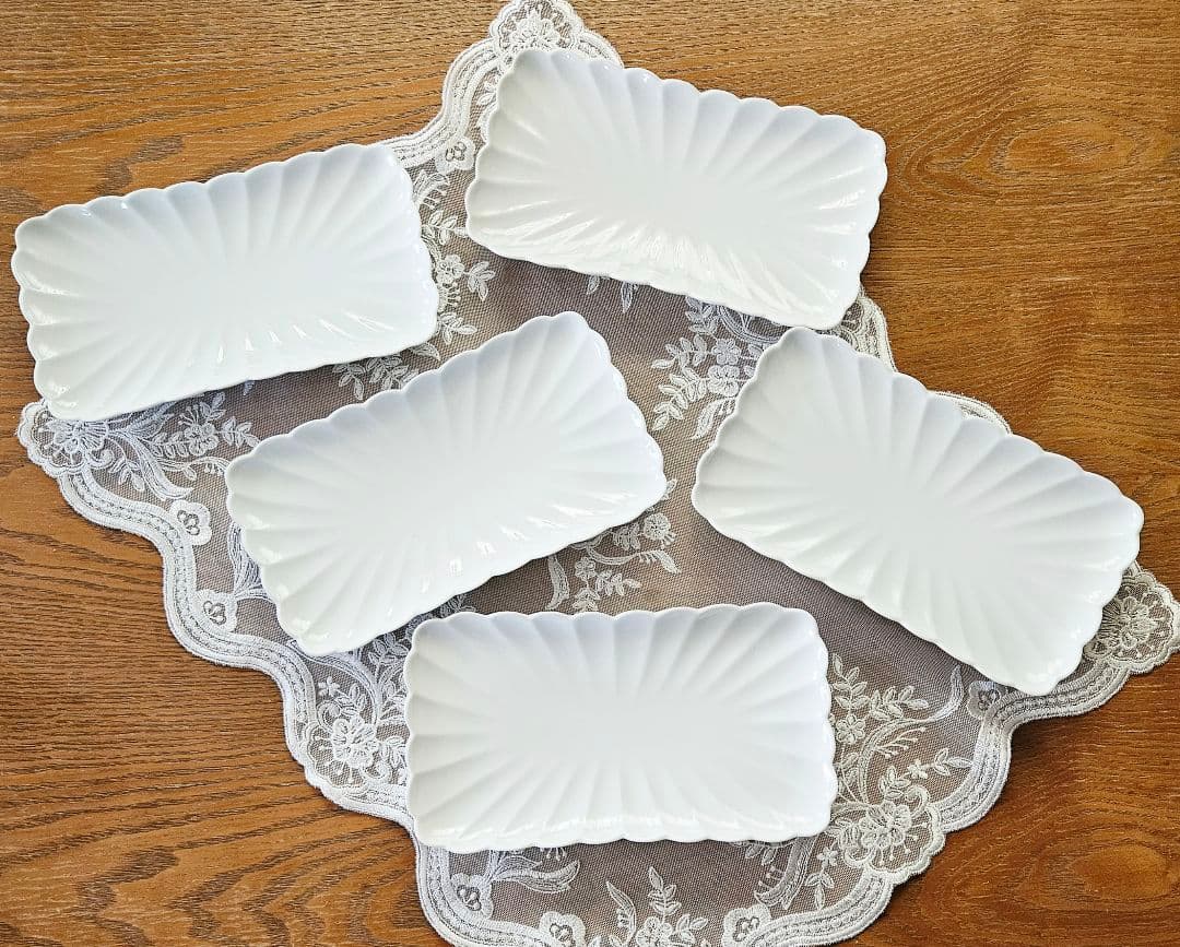 有田焼 賞美堂 観山窯 白磁 菊割 輪花 焼き物皿 長皿 5枚セット 新品