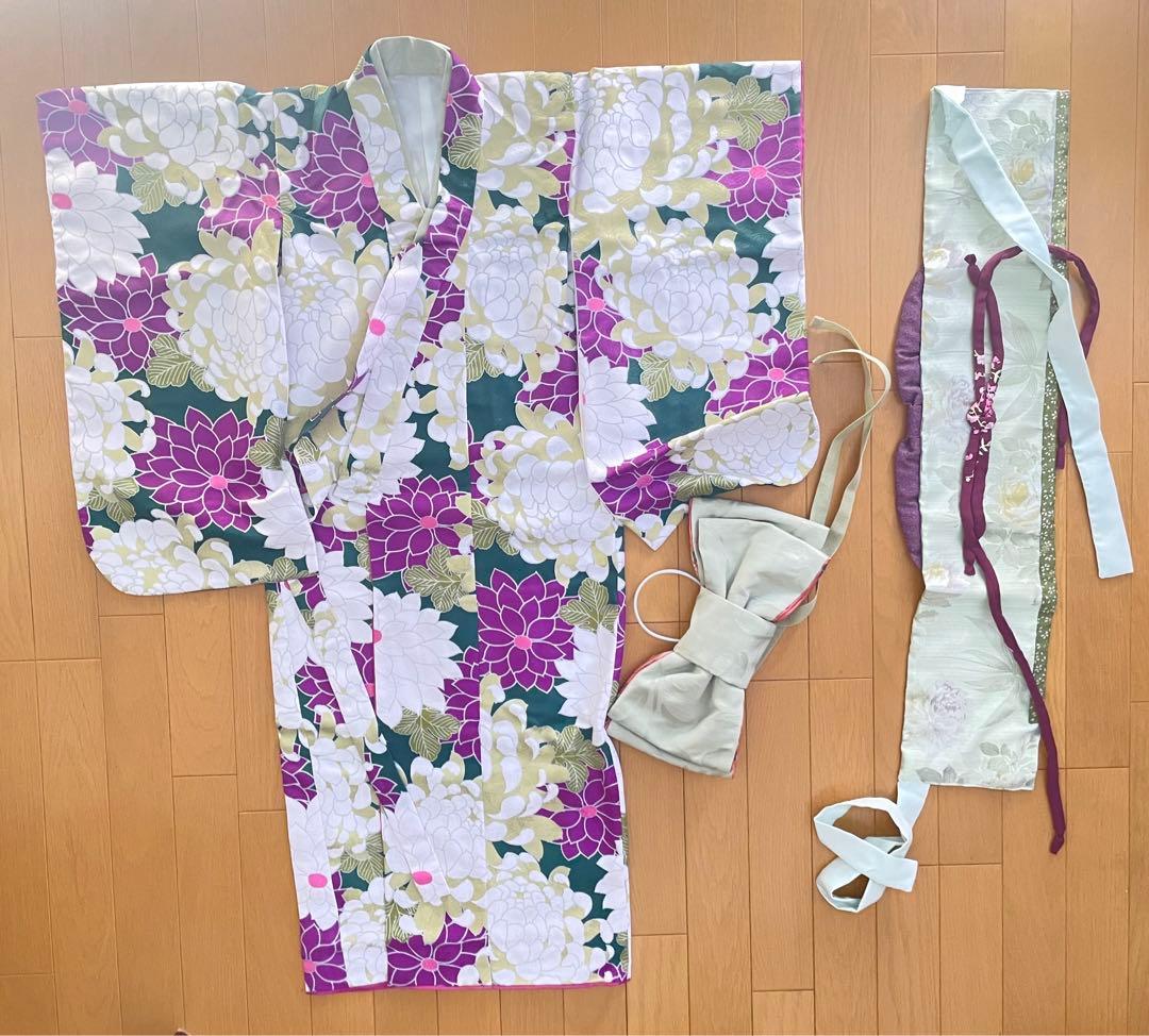 七五三　親子お揃い着物　親子リンクコーデ　ハンドメイド　グリーン緑紫パープル