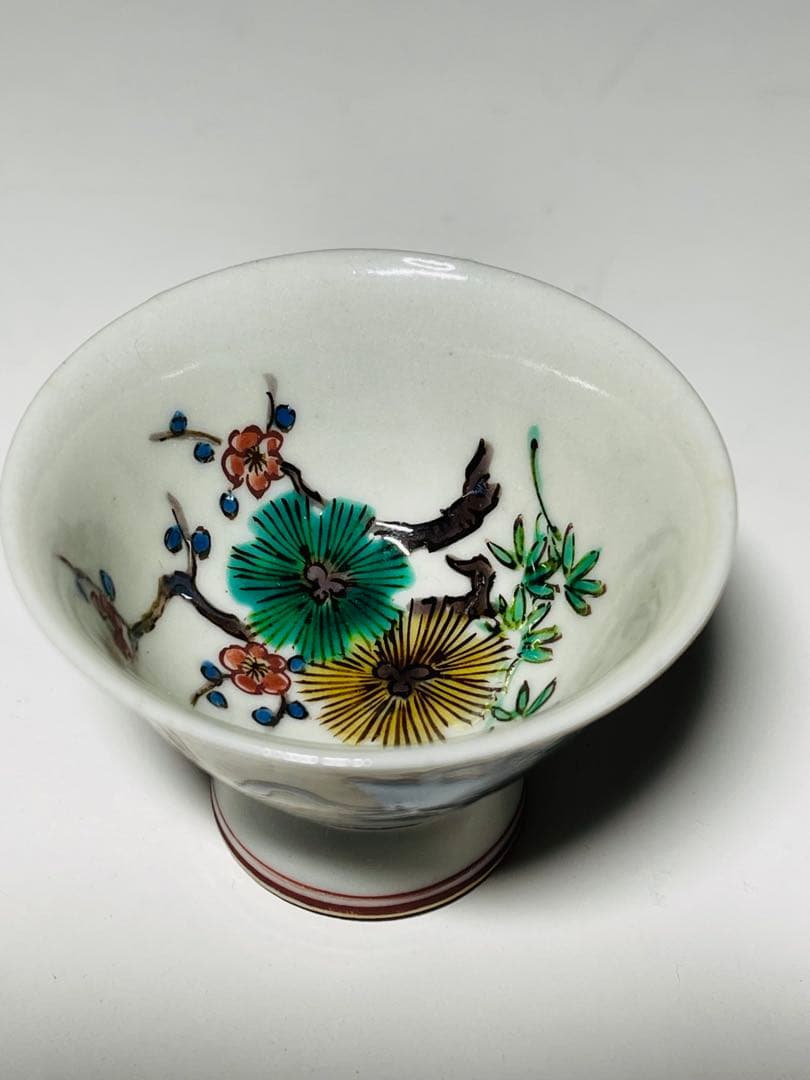 人間国宝 初代 徳田八十吉作 （八十吉銘) 彩絵　酒盃一對