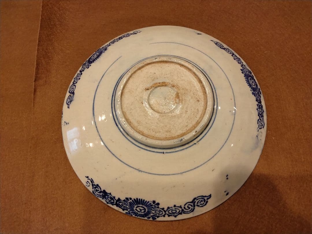 骨董品　染付　印判　中皿　富士山と山水図　牡丹唐草　童　波　雲　　4枚セット