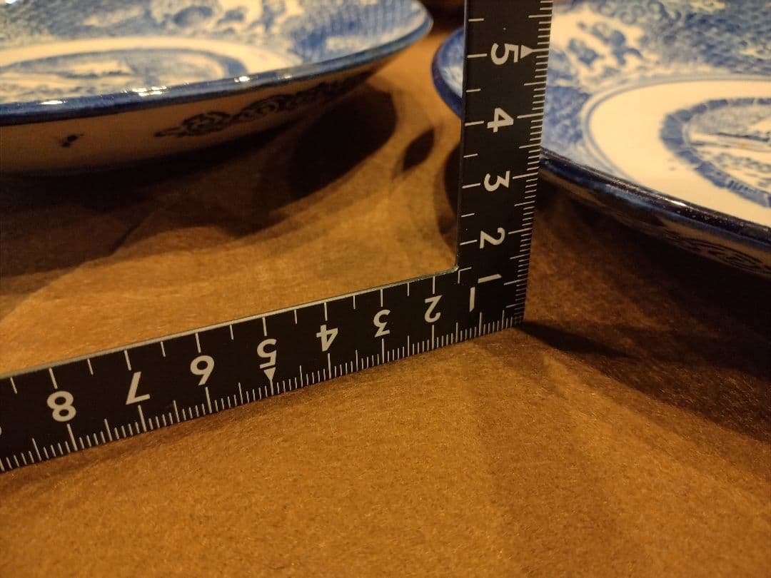 骨董品　染付　印判　中皿　富士山と山水図　牡丹唐草　童　波　雲　　4枚セット