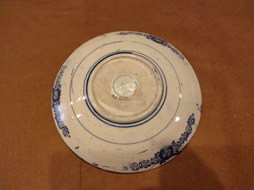 骨董品　染付　印判　中皿　富士山と山水図　牡丹唐草　童　波　雲　　4枚セット