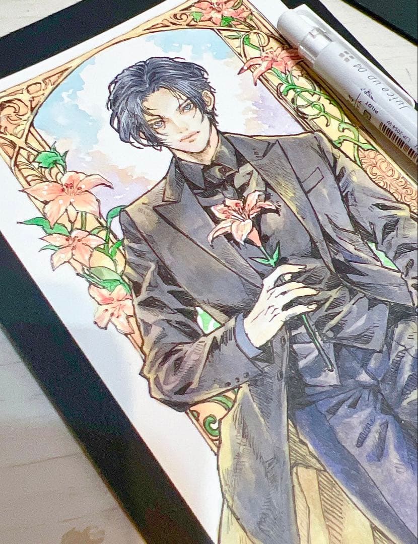 手描きイラスト オリジナル 短冊型 百合 創作男子