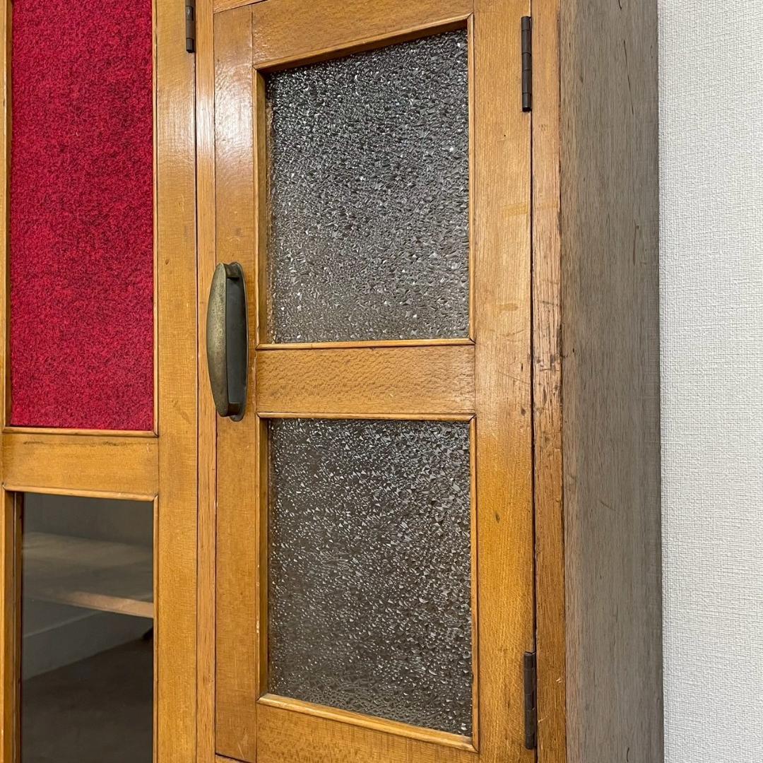 ヴィンテージ 木製 収納棚 ダイヤガラス ガラスキャビネット 食器棚 古家具