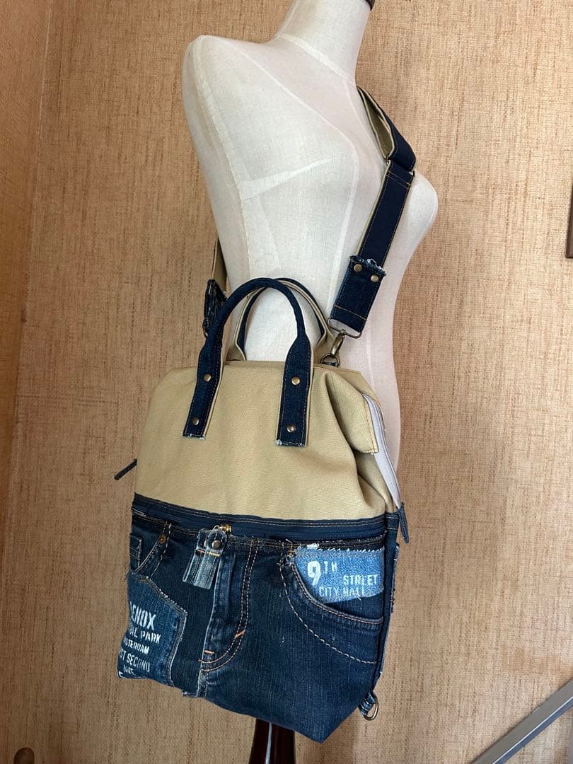 デニムリメイク　ボストンバッグ　ワイヤーバッグ　ショルダー　リュック