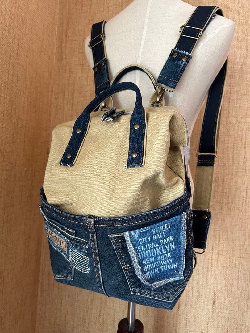 デニムリメイク　ボストンバッグ　ワイヤーバッグ　ショルダー　リュック