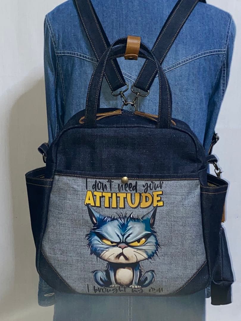 ☆岡山デニム☆ステンシル☆トラネコ☆悪ネコ☆4wayボストンバッグ