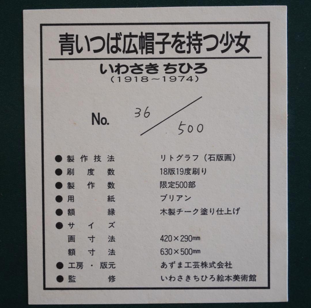 【美品】いわさきちひろ リトグラフ 『青いつば広帽子を持つ少女』