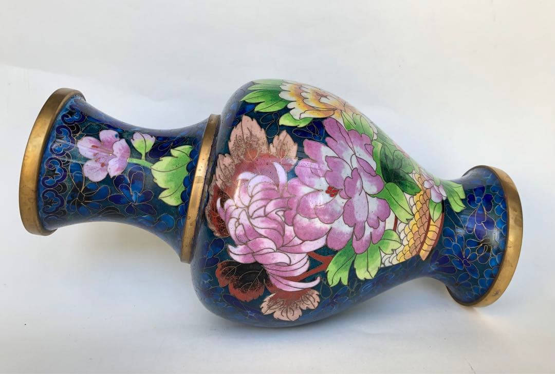 景泰藍　七宝焼　青色牡丹花瓶　生け花　華道　中国70年代のもの