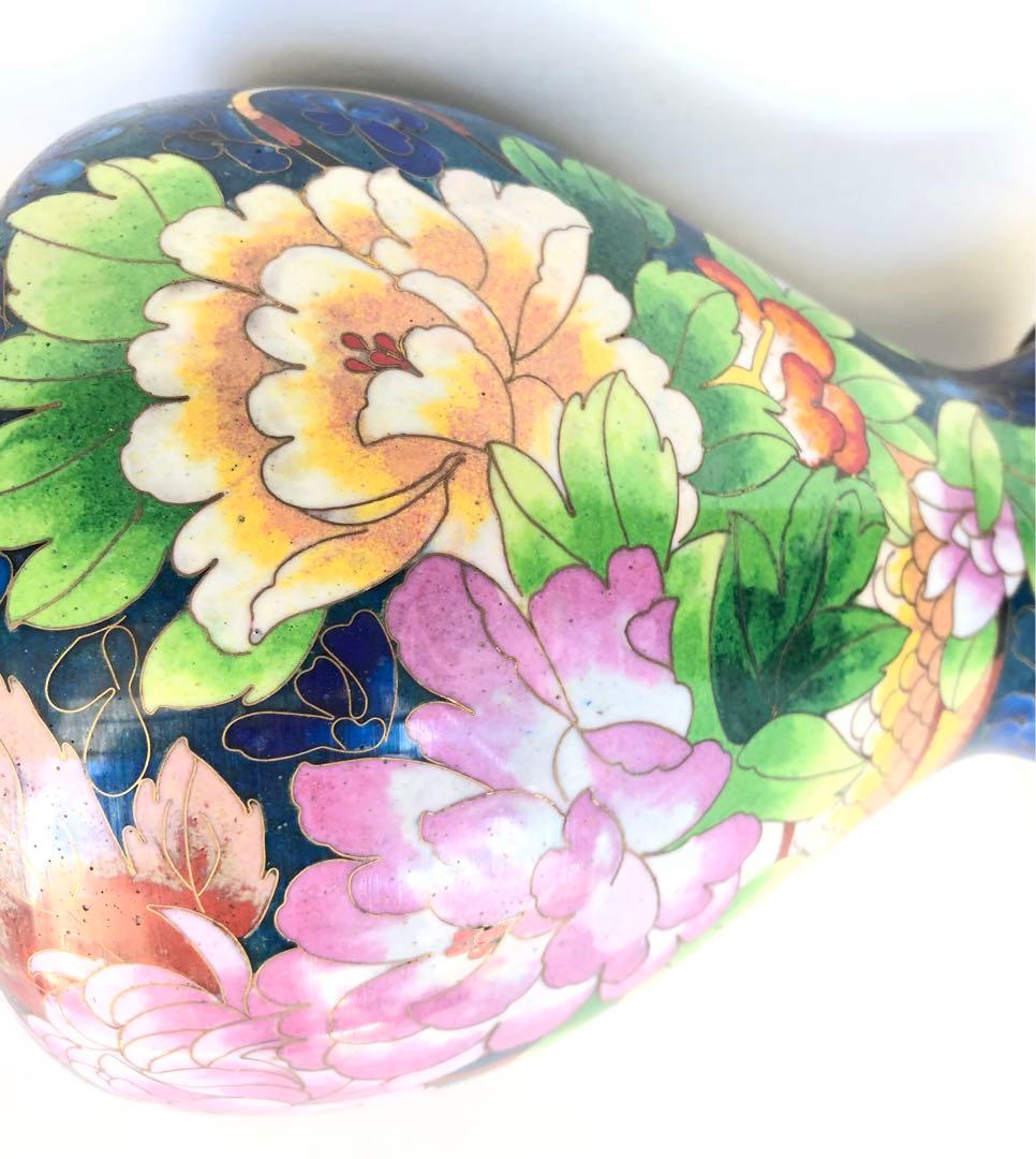 景泰藍　七宝焼　青色牡丹花瓶　生け花　華道　中国70年代のもの