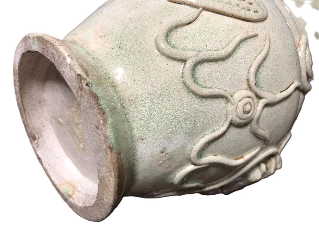 【 龍鳳凰文青磁釉高肉瓶 】　　唐～宋代　中華古玩