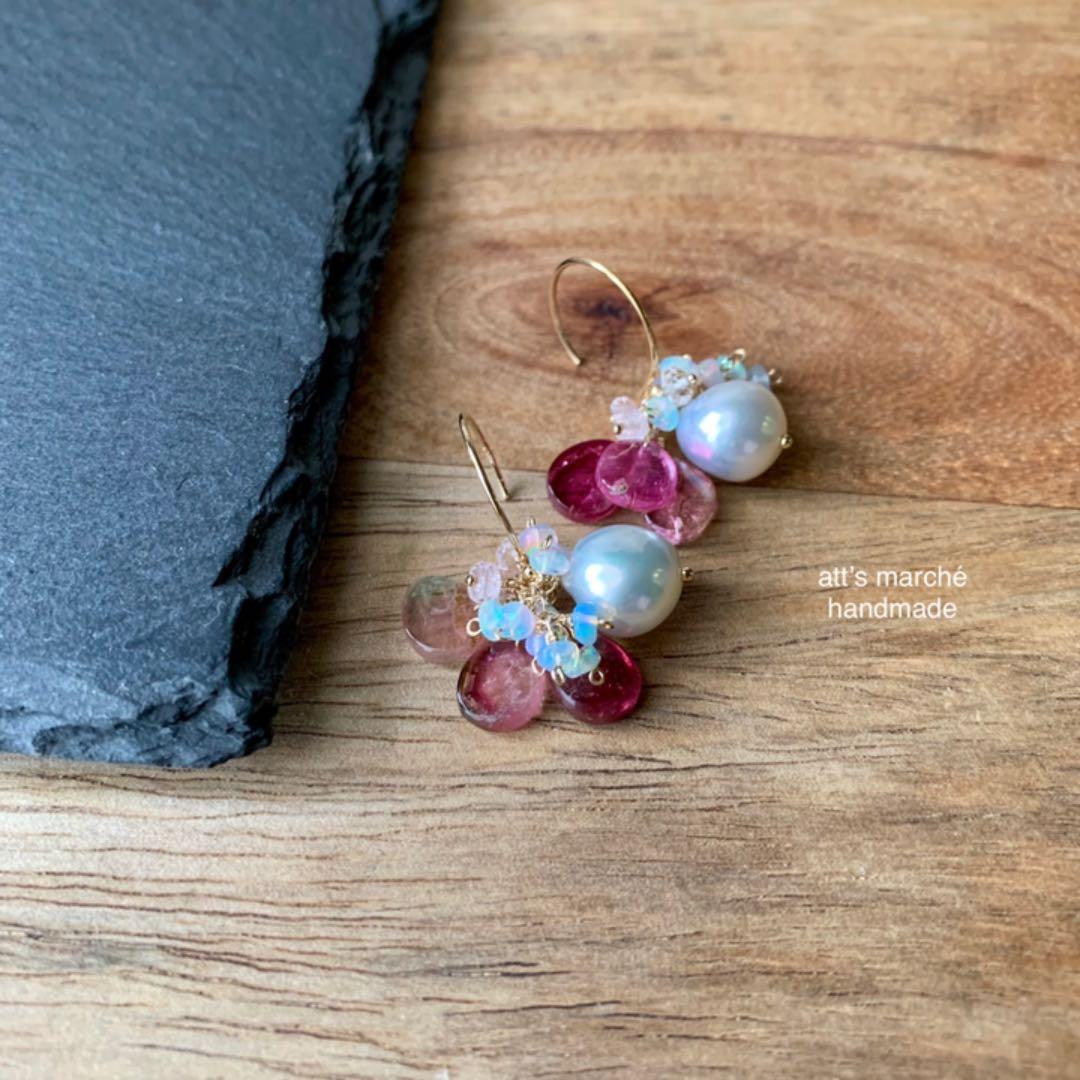 【SALE】カラーオパール（ピンク系）×伊勢あこやパールフックピアス ✴︎天然石