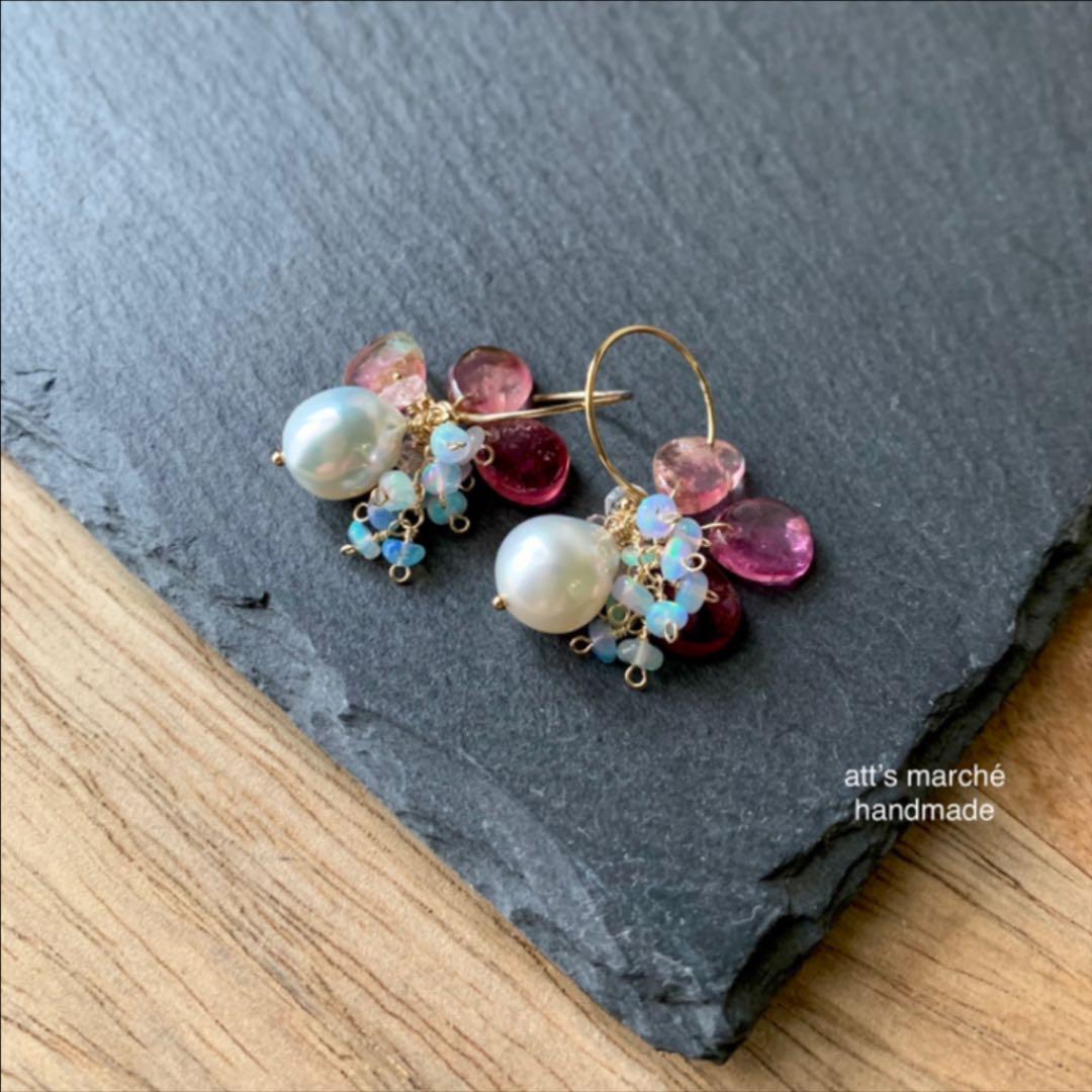 【SALE】カラーオパール（ピンク系）×伊勢あこやパールフックピアス ✴︎天然石