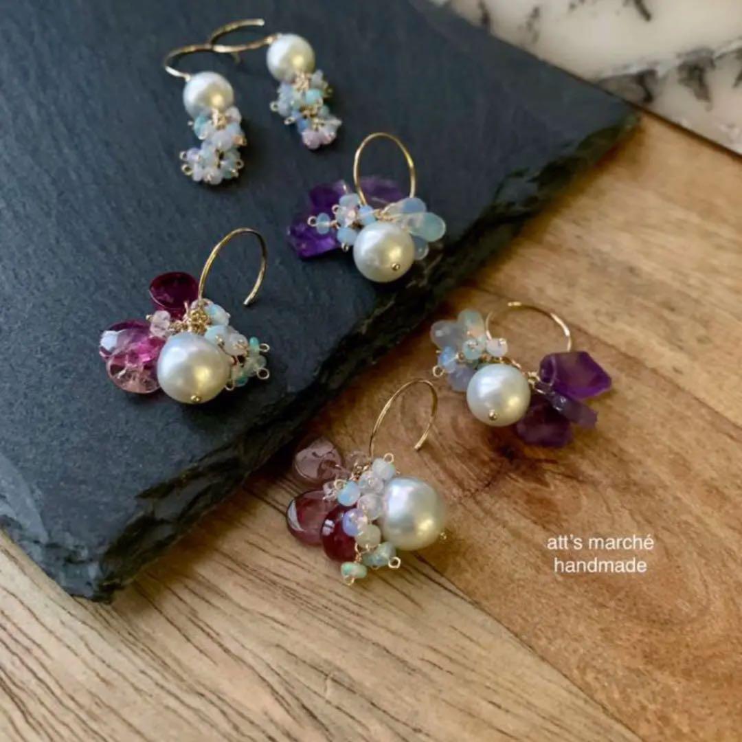 【SALE】カラーオパール（ピンク系）×伊勢あこやパールフックピアス ✴︎天然石