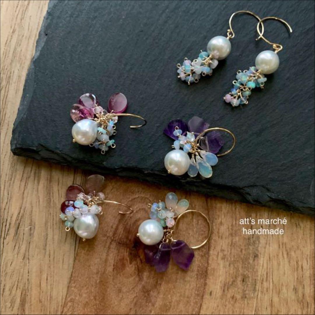 【SALE】カラーオパール（ピンク系）×伊勢あこやパールフックピアス ✴︎天然石