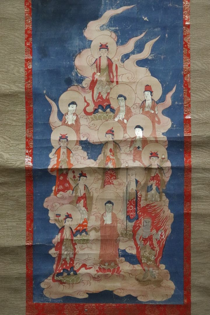 古い掛軸　十三佛　十三仏　仏画　版彩色　曼陀羅　幕末明治