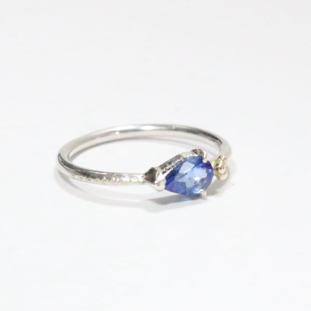 ペアシェイプのブルーサファイアK10粒々アシメミル打ちシルバーリング約9.5号