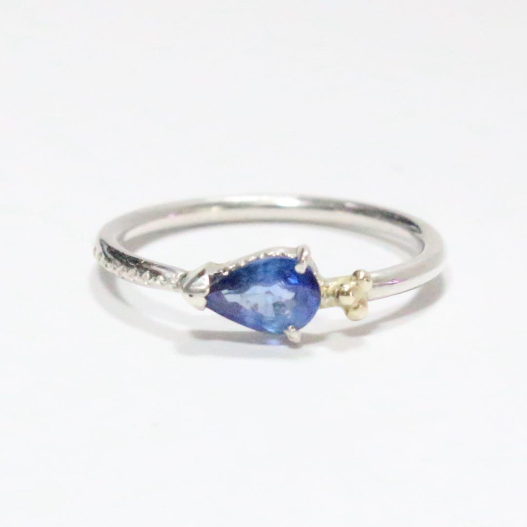 ペアシェイプのブルーサファイアK10粒々アシメミル打ちシルバーリング約9.5号