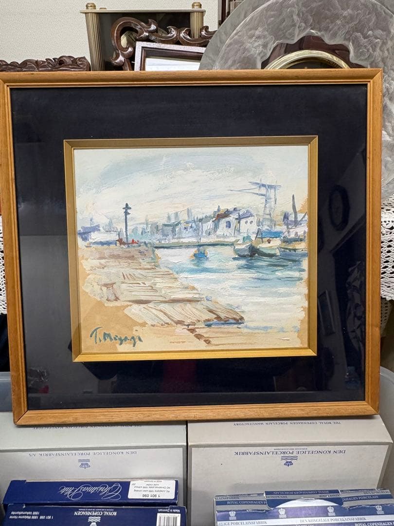 【真作】宮地孝 油彩画「港の風景」二紀会同人 直筆サイン・裏書き有