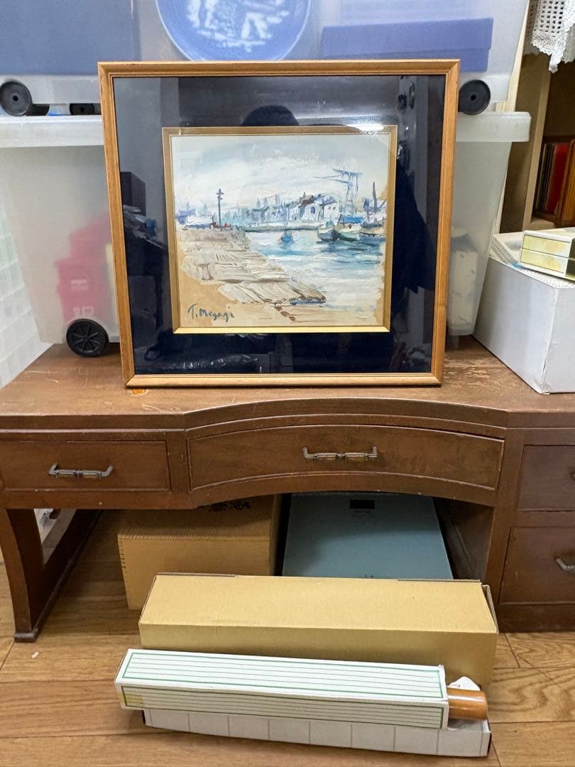 【真作】宮地孝 油彩画「港の風景」二紀会同人 直筆サイン・裏書き有