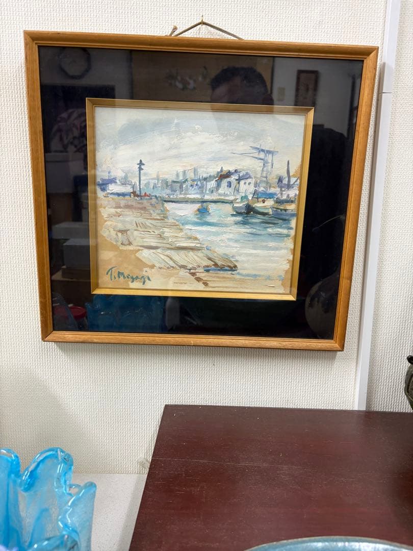 【真作】宮地孝 油彩画「港の風景」二紀会同人 直筆サイン・裏書き有