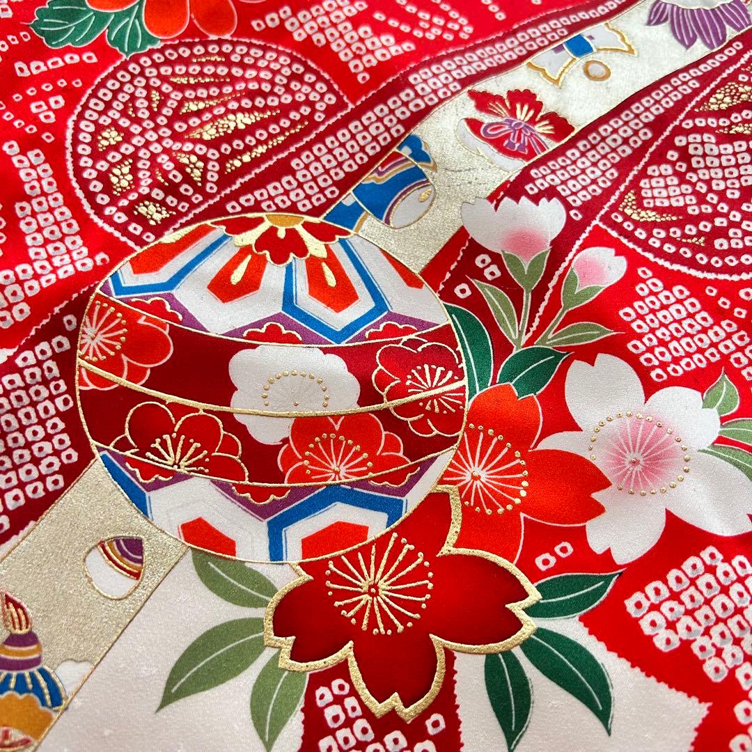 七五三 3歳 着物 753 正絹 被布 絹 絞り柄 三歳 赤 草履 金彩 熨斗目