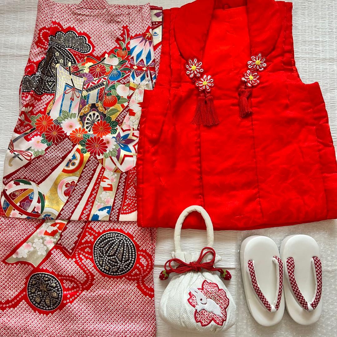 七五三 3歳 着物 753 正絹 被布 絹 絞り柄 三歳 赤 草履 金彩 熨斗目