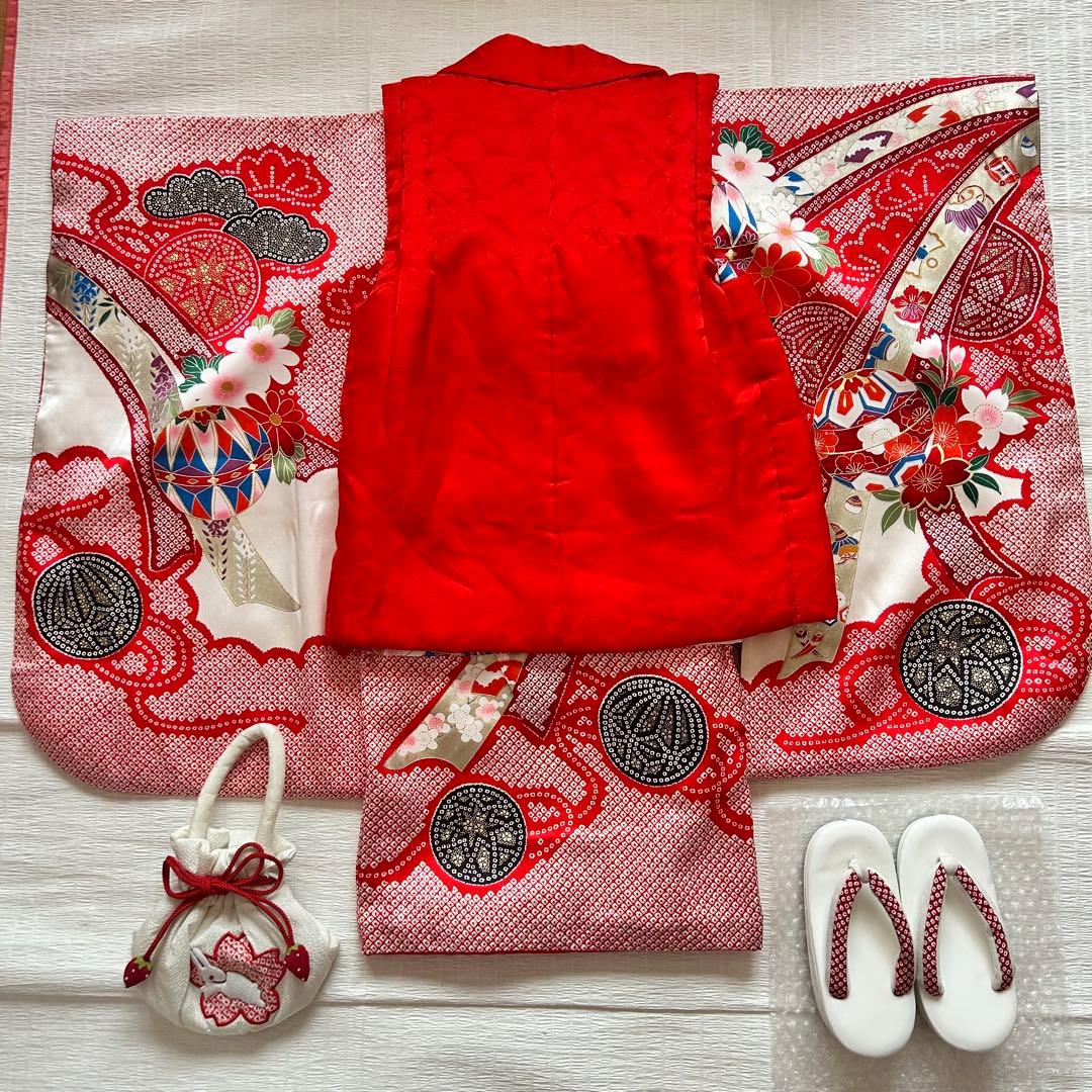 七五三 3歳 着物 753 正絹 被布 絹 絞り柄 三歳 赤 草履 金彩 熨斗目