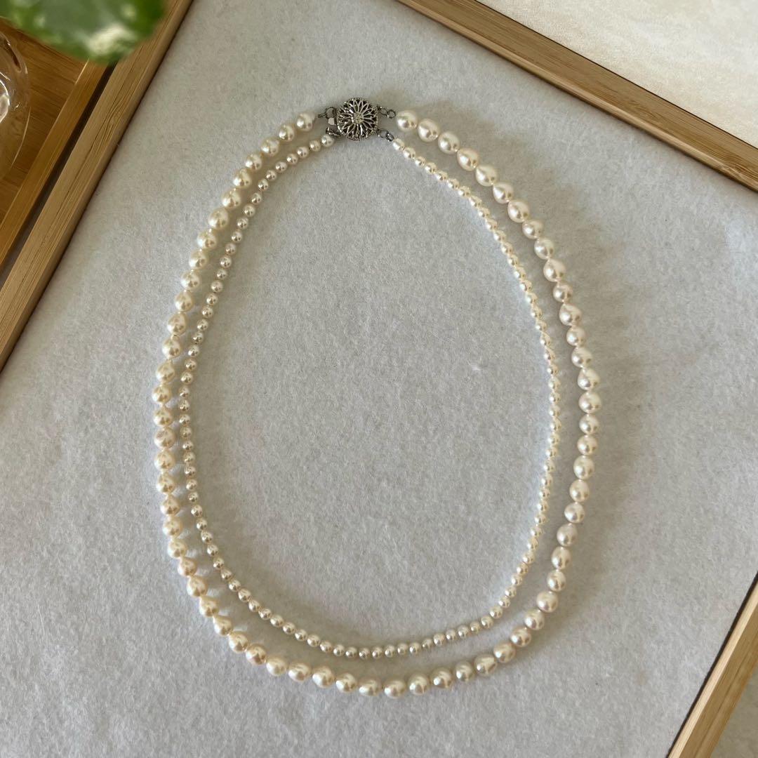 2連パールレイヤードネックレス　淡水パールネックレス　2連パールネックレス