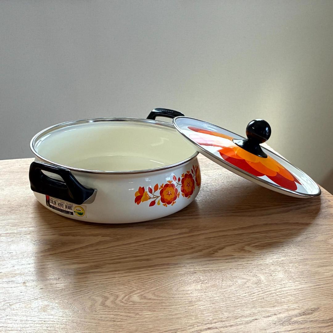 昭和レトロ マルビシ ホーロー フィオーレ 花柄 浅型両手鍋 未使用品