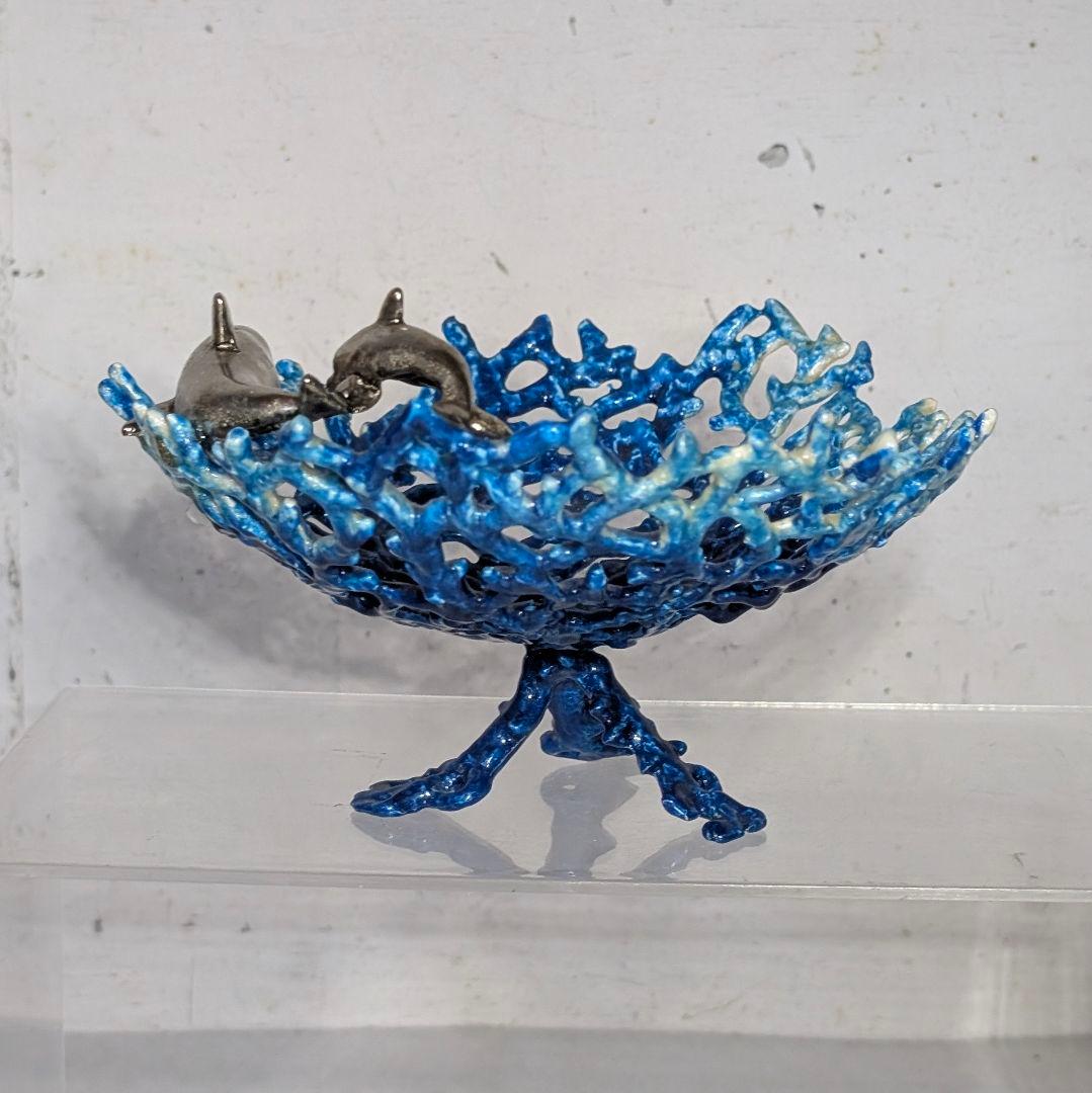 イルカ 珊瑚 エナメル ピューター テーブルトップアート トレイ 小物入れ