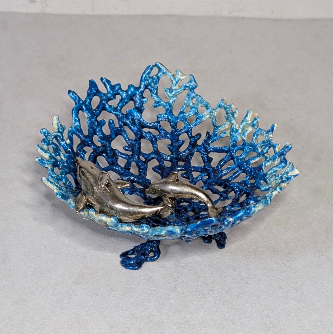 イルカ 珊瑚 エナメル ピューター テーブルトップアート トレイ 小物入れ