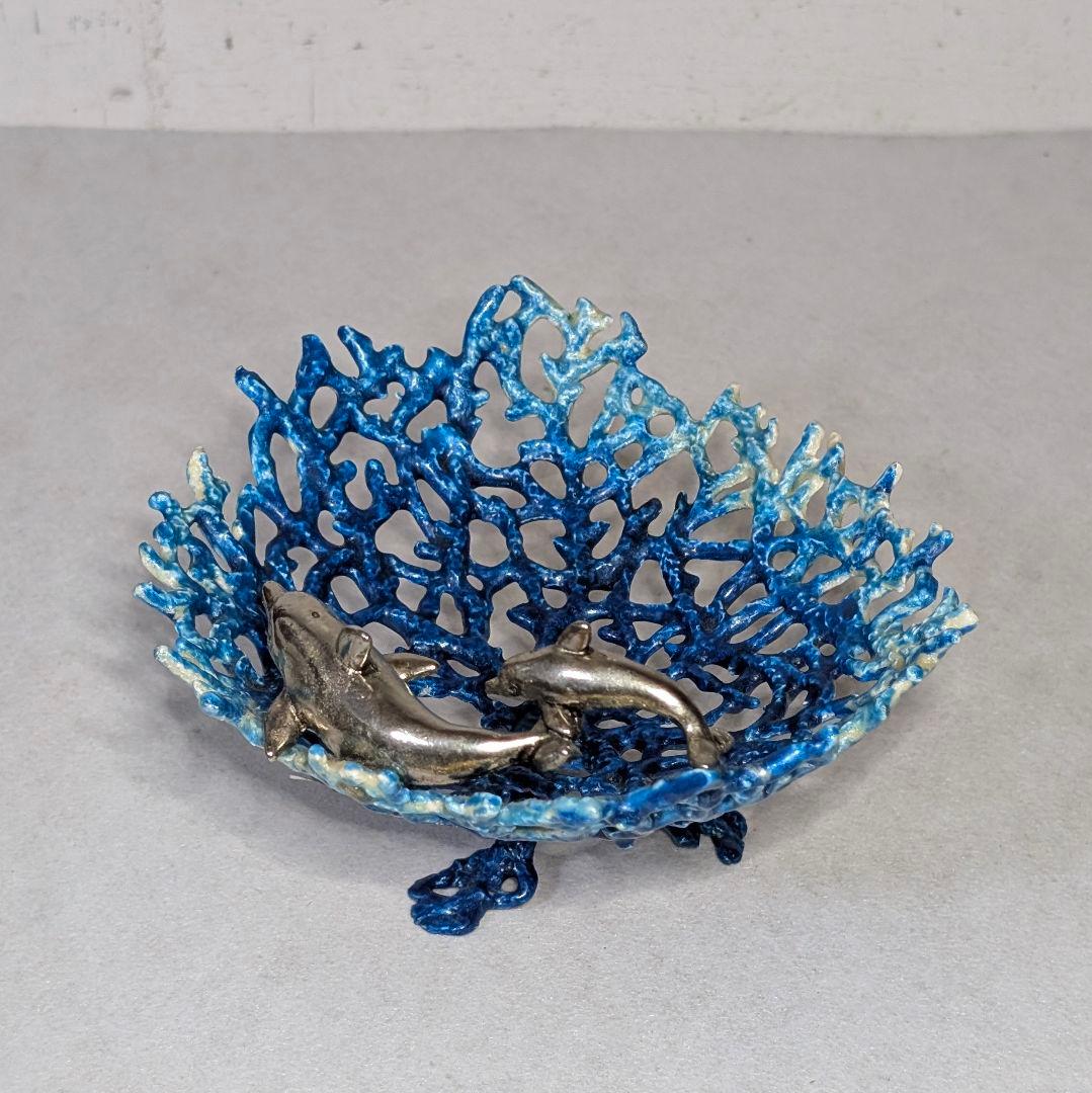 イルカ 珊瑚 エナメル ピューター テーブルトップアート トレイ 小物入れ