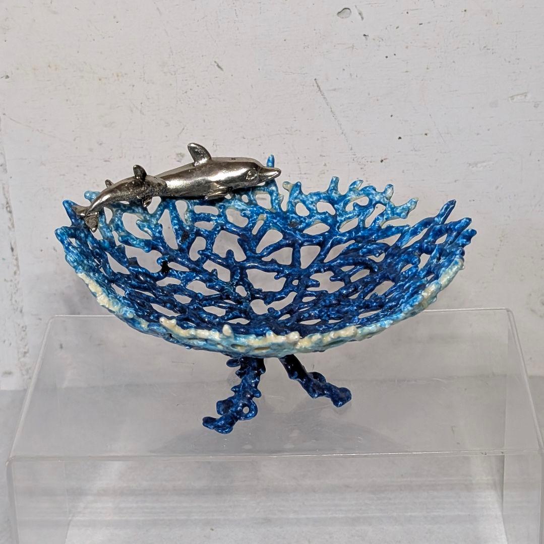 イルカ 珊瑚 エナメル ピューター テーブルトップアート トレイ 小物入れ