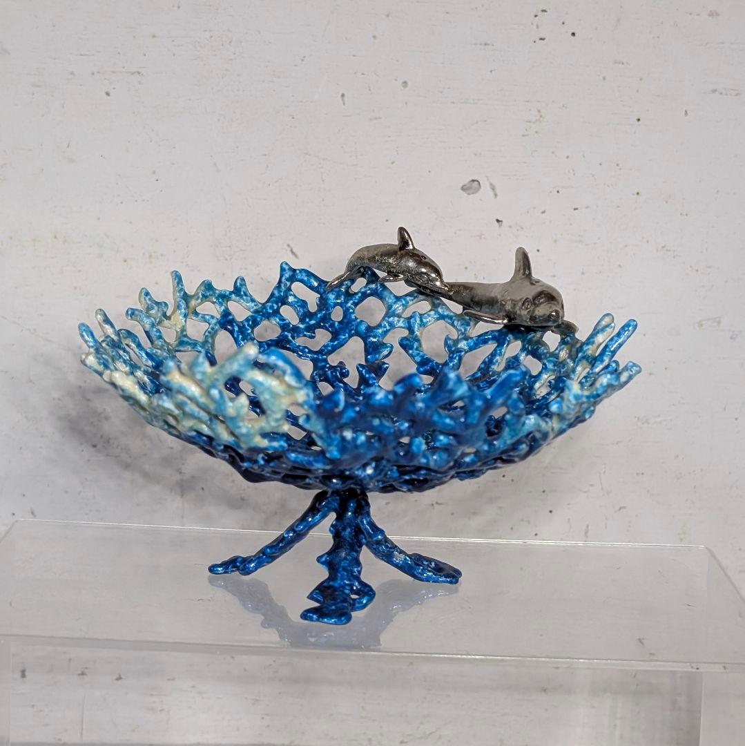 イルカ 珊瑚 エナメル ピューター テーブルトップアート トレイ 小物入れ
