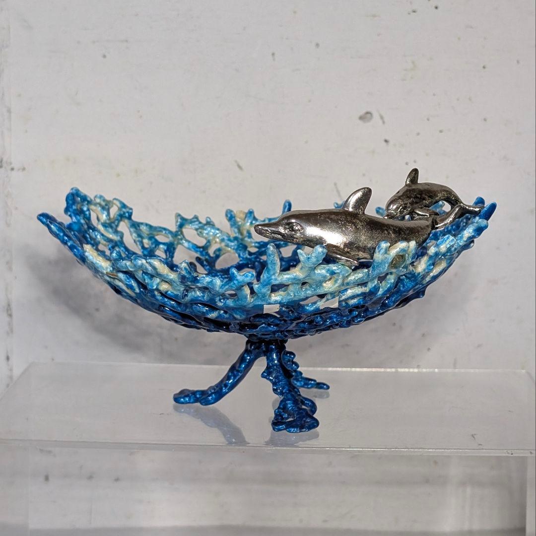 イルカ 珊瑚 エナメル ピューター テーブルトップアート トレイ 小物入れ