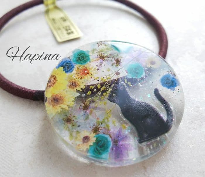 黒猫ちゃん夏デザイン涼しげラウンドレジンヘアゴム