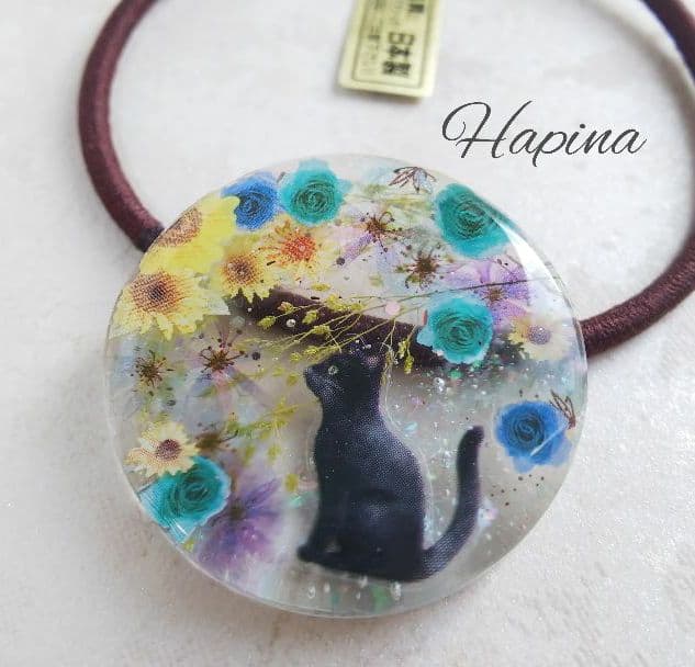 黒猫ちゃん夏デザイン涼しげラウンドレジンヘアゴム