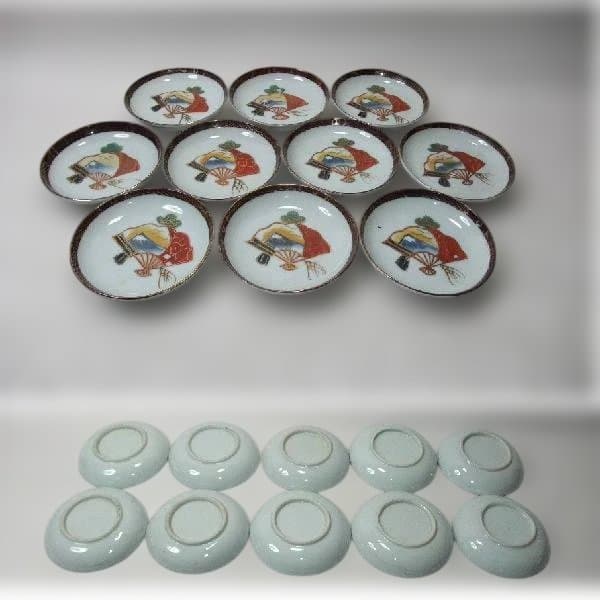 伊万里 色絵 扇面 富士 松 手塩皿 10枚 染付 逸品 古美術