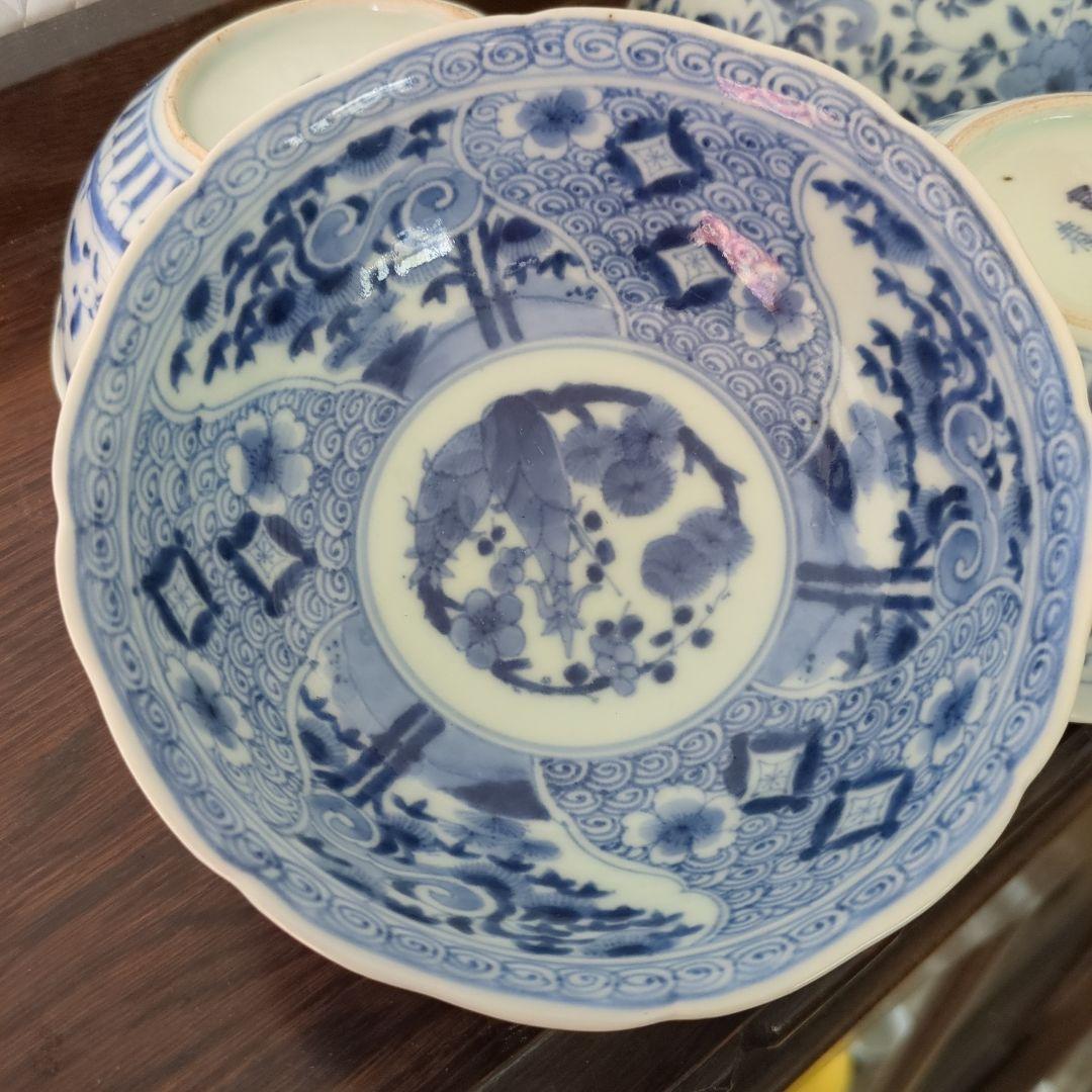 骨董　古伊万里　鉢　器　染め付け　芙蓉手　伊万里　4枚
