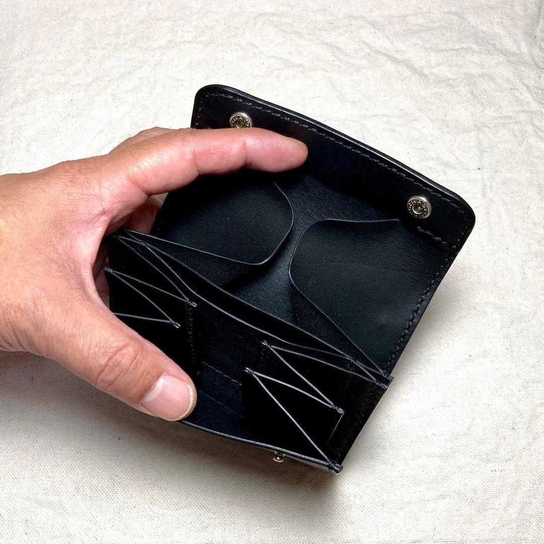 【総手縫い】イタリアンレザー コンパクト財布 本革 ミドルウォレット メンズ 黒