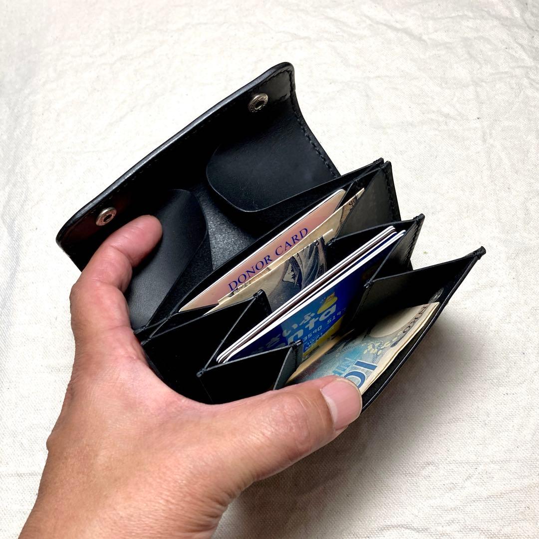 【総手縫い】イタリアンレザー コンパクト財布 本革 ミドルウォレット メンズ 黒