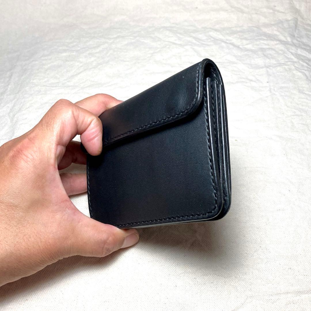 【総手縫い】イタリアンレザー コンパクト財布 本革 ミドルウォレット メンズ 黒