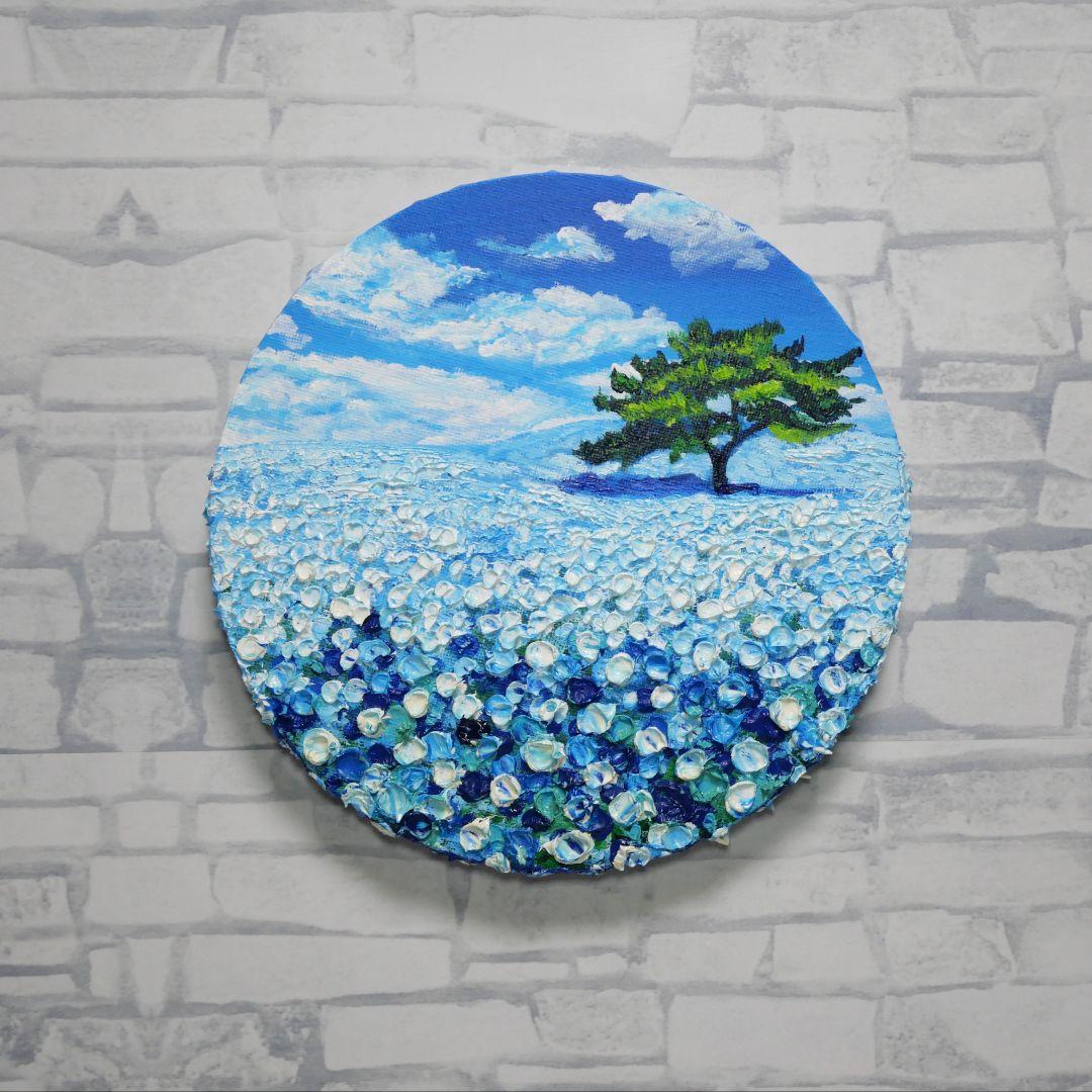 油絵 油彩 油彩画 絵 絵画 円形【ネモフィラの丘】