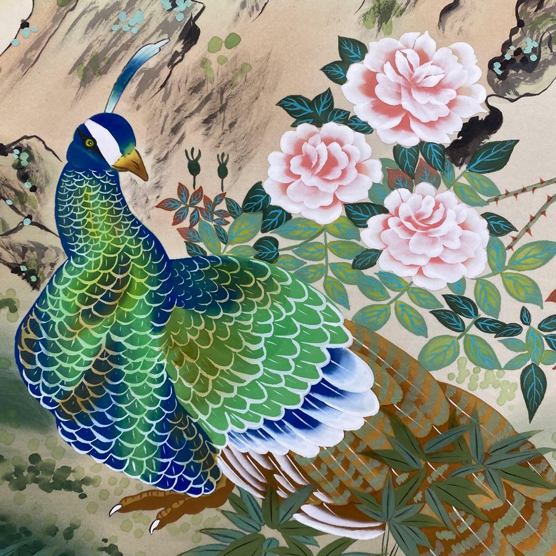 美品 掛け軸 河本瑞光作 孔雀図 共箱 縁起物 花鳥年中掛け