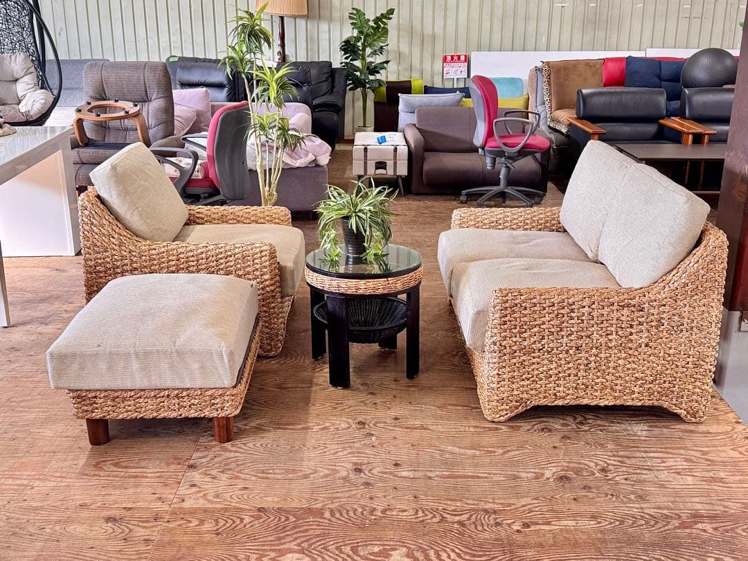 3点セットアジアン家具 2人掛+ 1掛けソファー+オットマンアジアンソファ