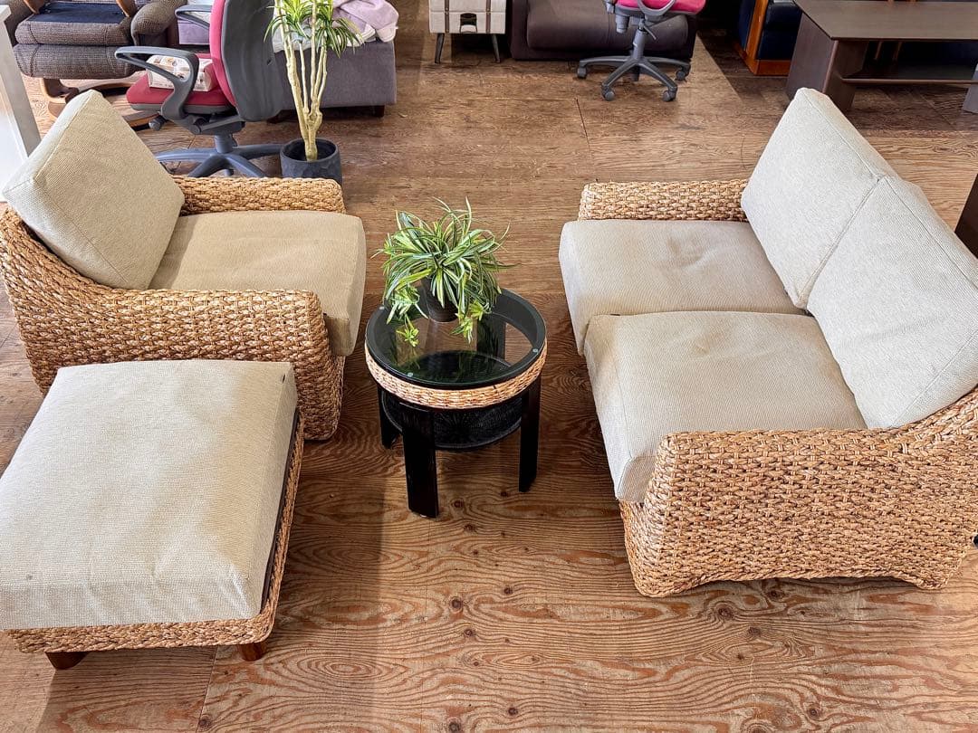 3点セットアジアン家具 2人掛+ 1掛けソファー+オットマンアジアンソファ