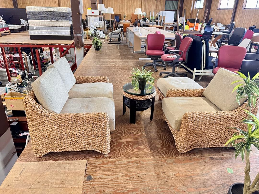 3点セットアジアン家具 2人掛+ 1掛けソファー+オットマンアジアンソファ